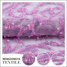 Custom design beautiful mesh embroidered bridal fabric with pearls